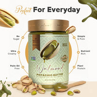 Walmond pistachio butter jar with pistachios, wooden spoon, ingredient highlights