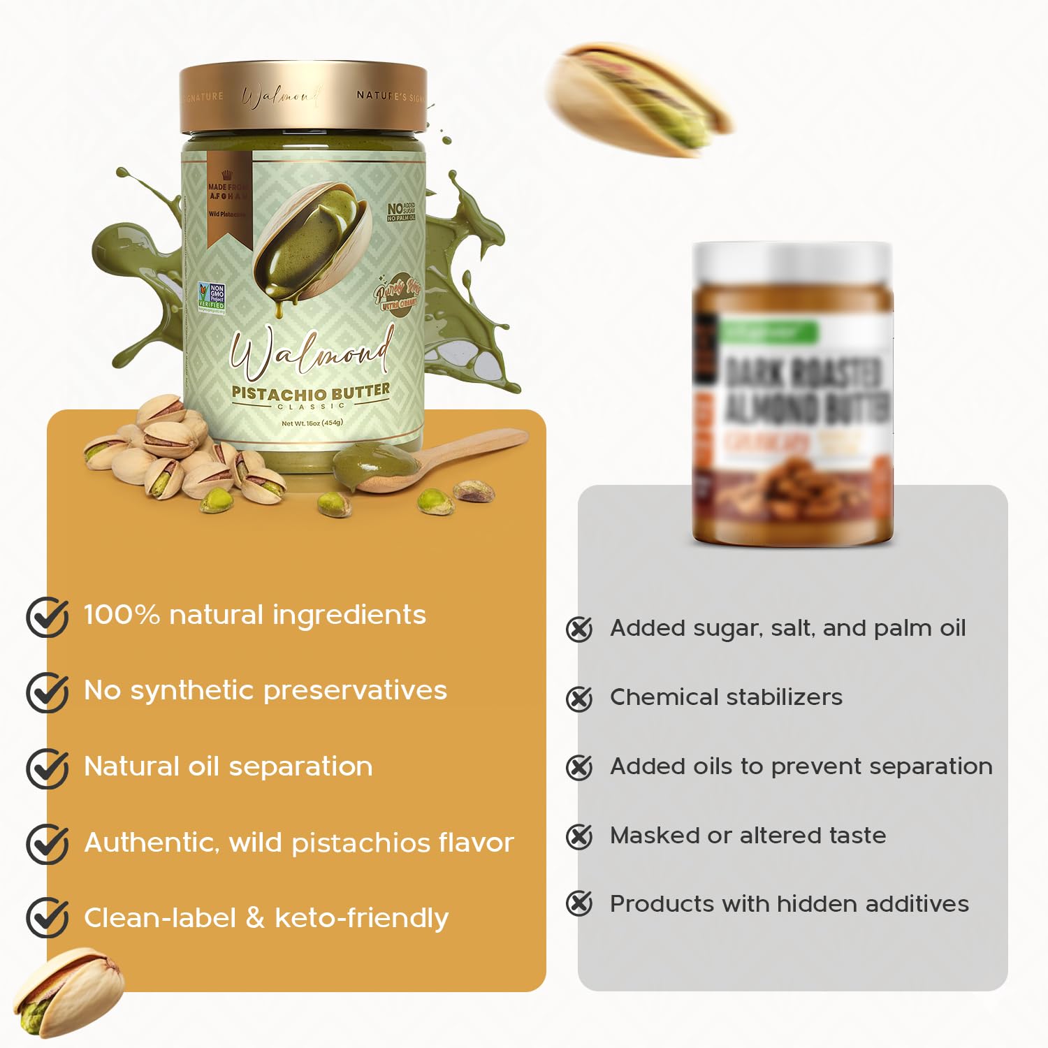 Walmond pistachio butter comparison, natural versus processed ingredients