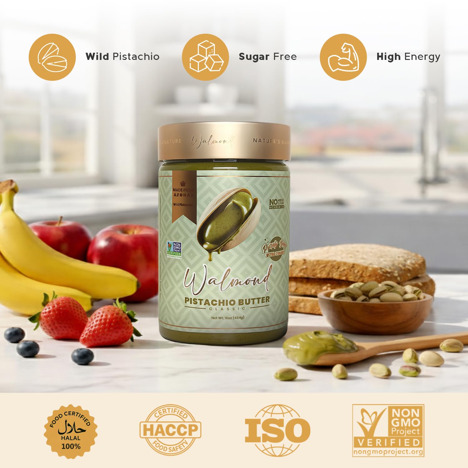 Walmond wild pistachio butter jar with fresh fruit, bread, pistachios displayed