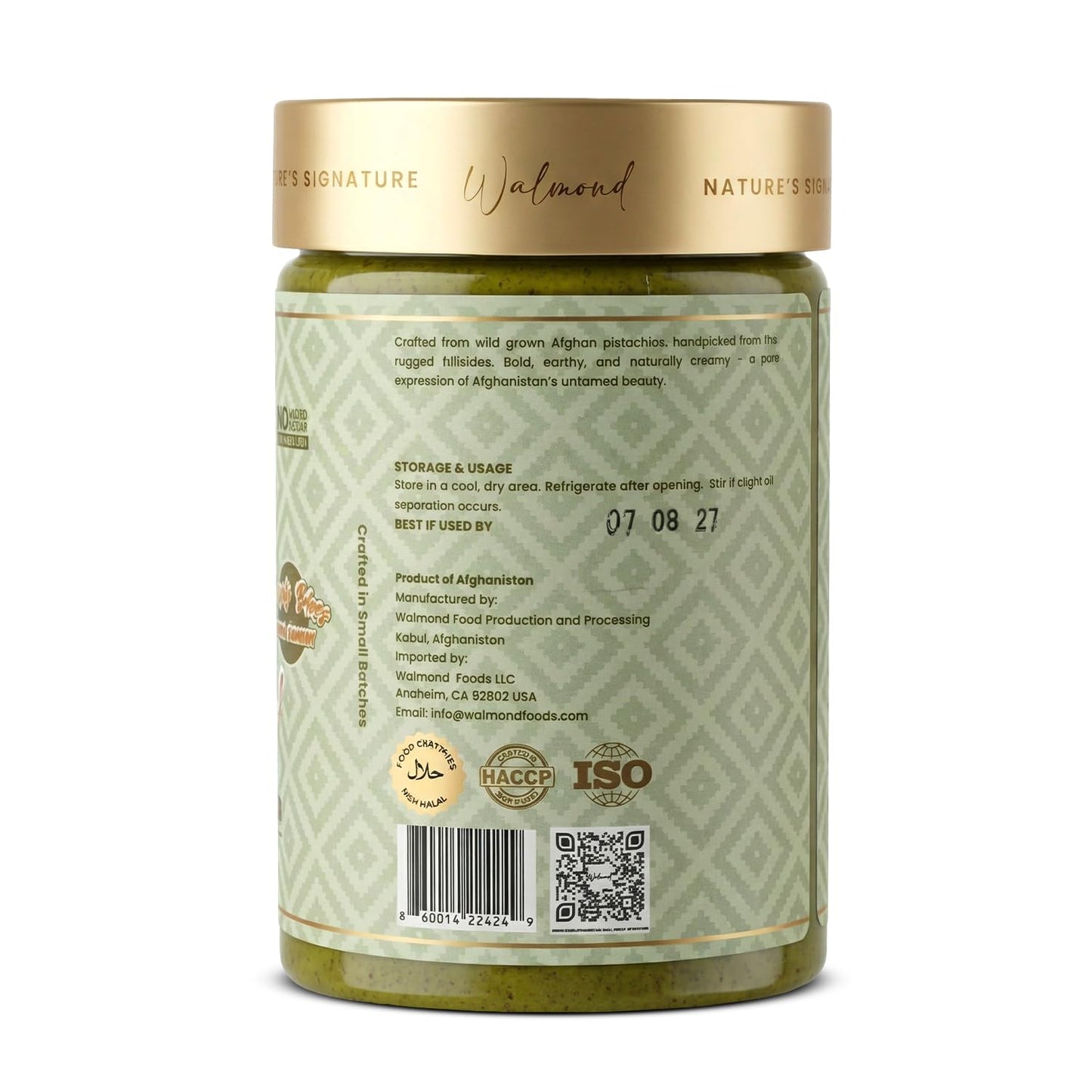 Walmond wild Afghan pistachio butter jar, halal certified, no palm oil