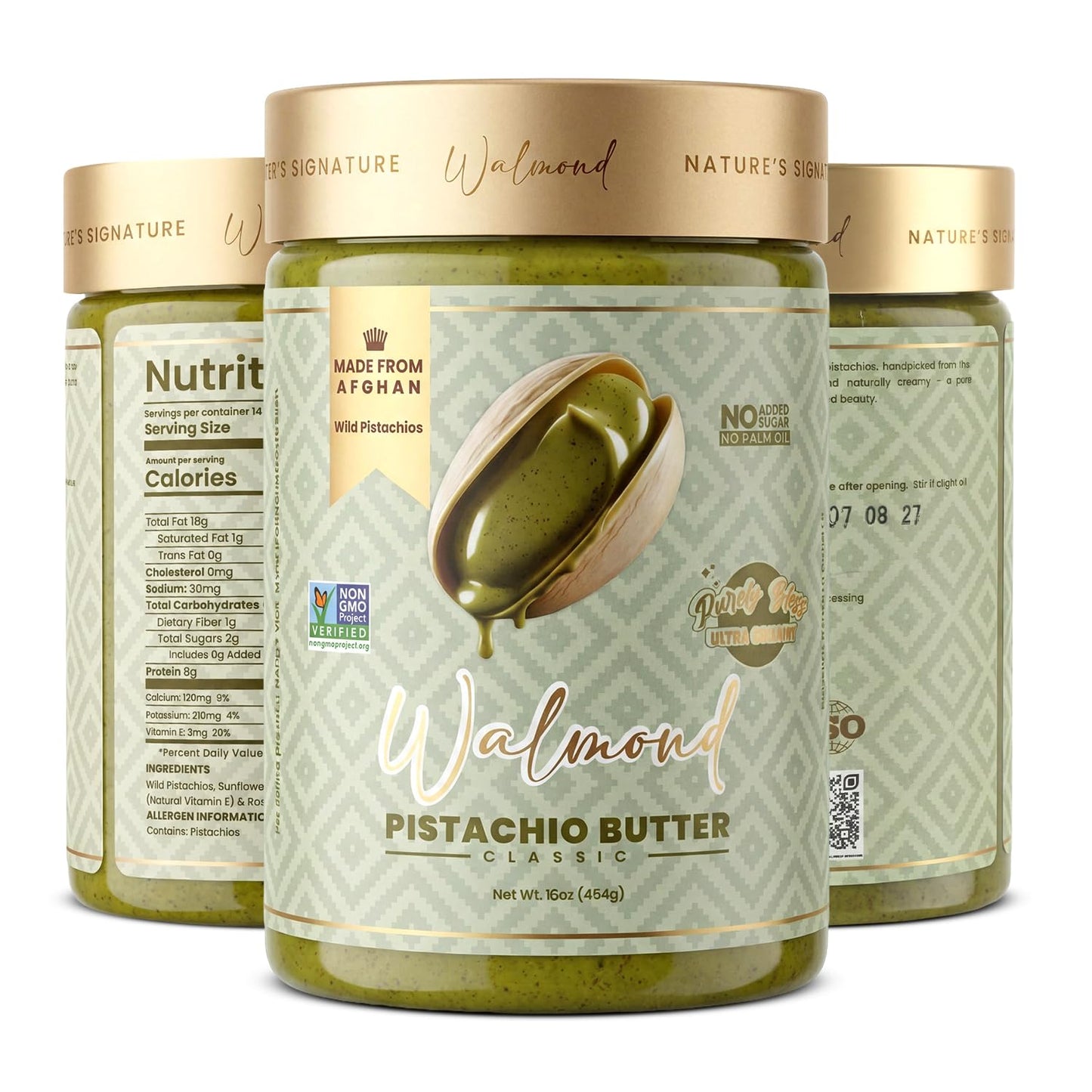 Walmond wild pistachio butter jar, 16oz container, naturally preserved, 8g protein per serving