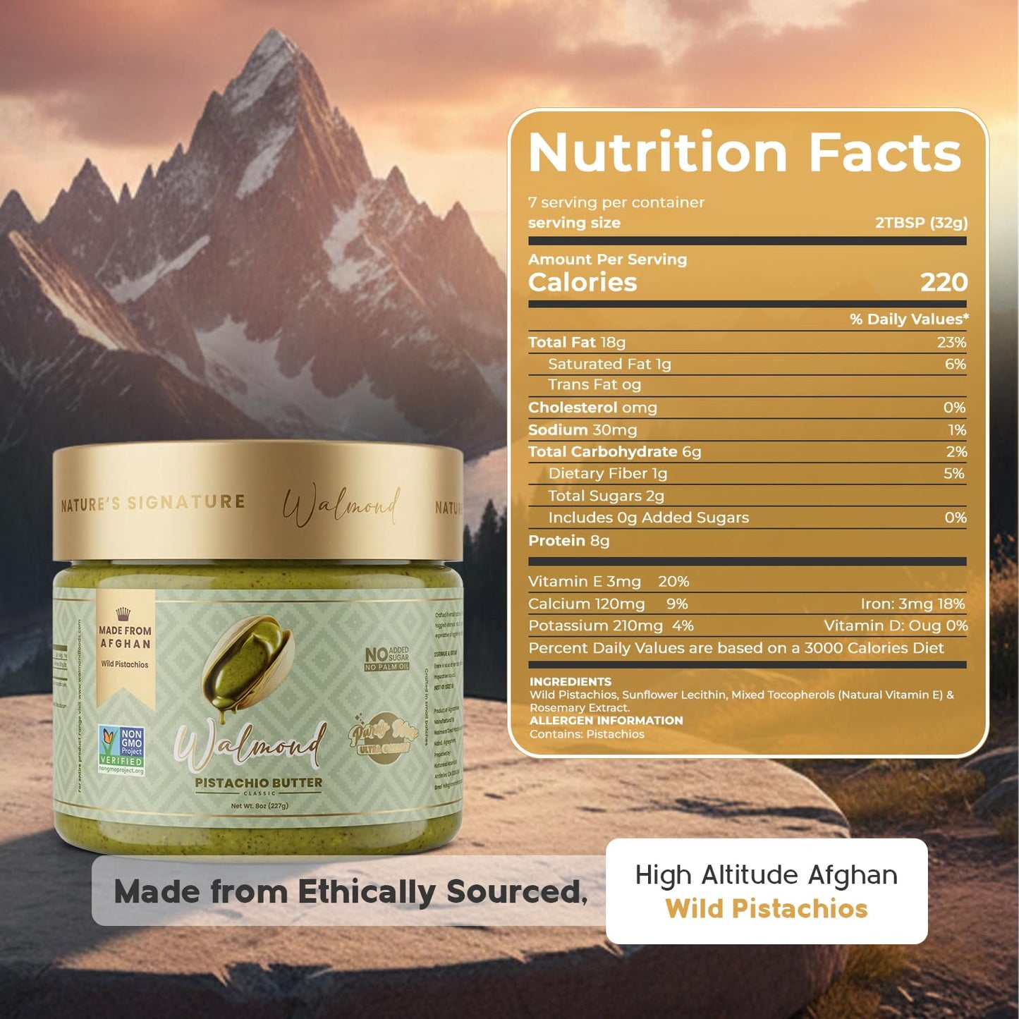 Walmond wild Afghan pistachio butter nutrition facts label jar