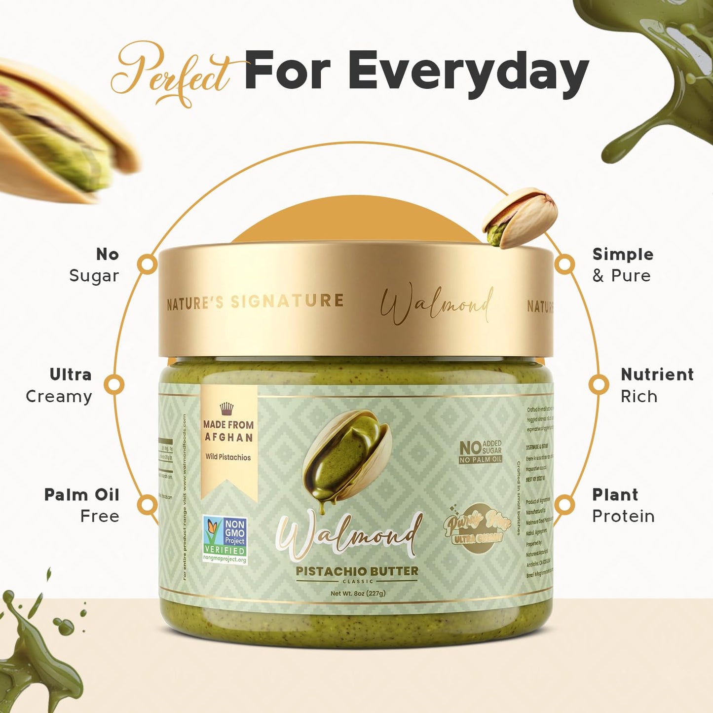 Walmond pistachio butter jar displaying benefits, no added sugar, plant protein