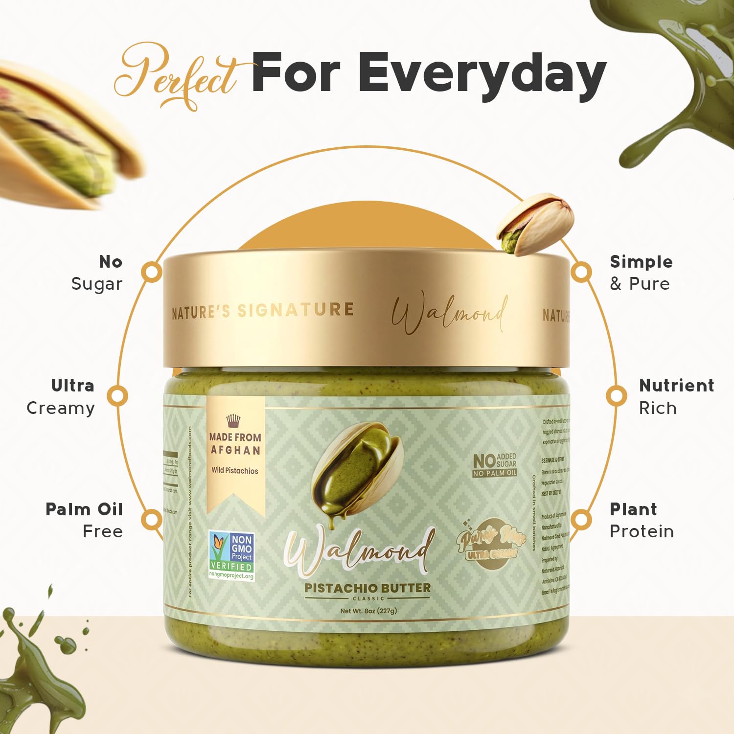 Walmond pistachio butter jar displaying benefits, no added sugar, plant protein