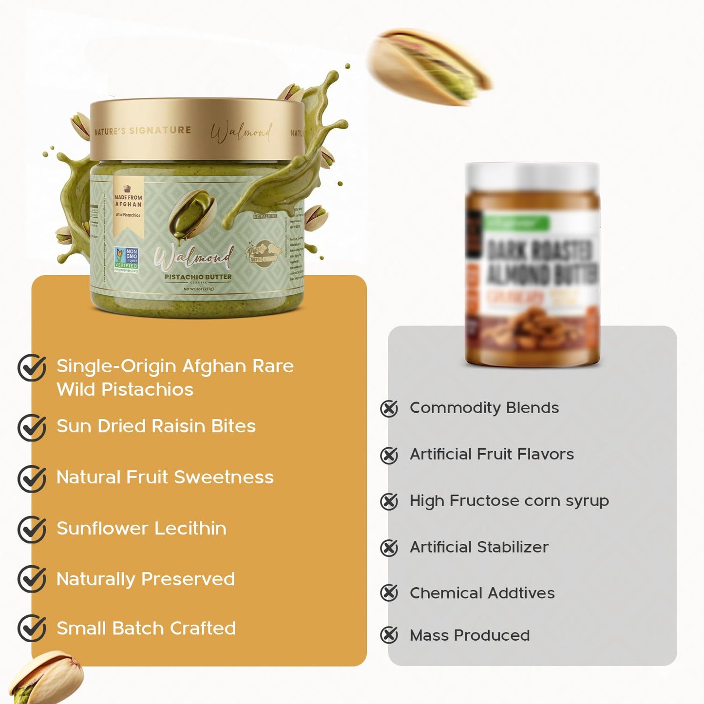Walmond wild Afghan pistachio butter versus commodity almond butter comparison