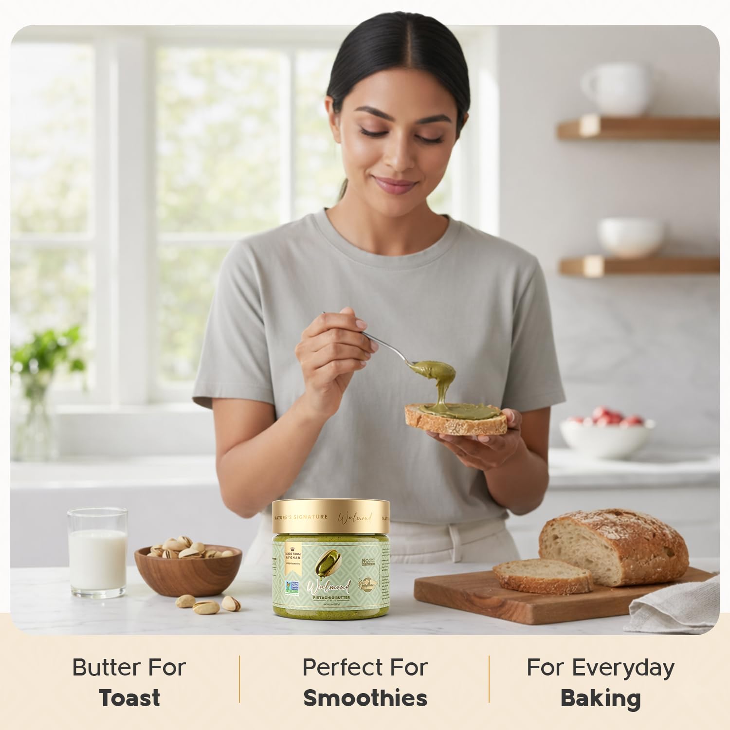 Walmond pistachio spread on toast with bread, milk, pistachios