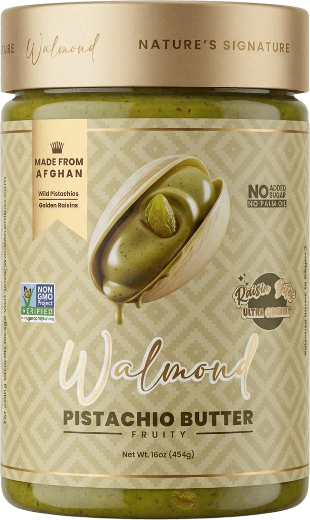 Walmond pistachio butter jar with wild Afghan pistachios and golden raisins