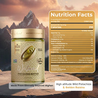 Walmond pistachio butter jar, nutrition facts label visible, mountain backdrop