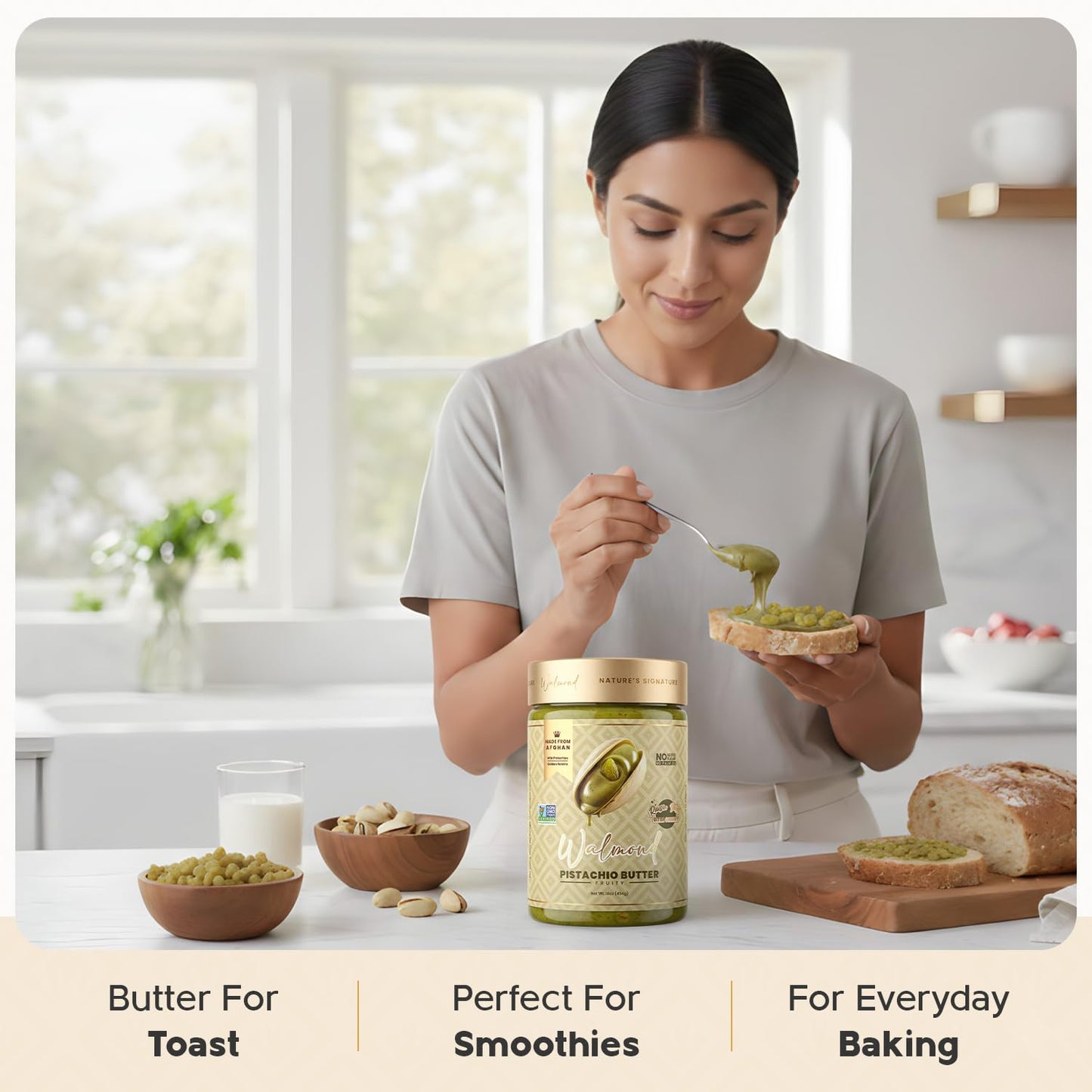 Walmond pistachio butter spread on toast, Afghan heritage product