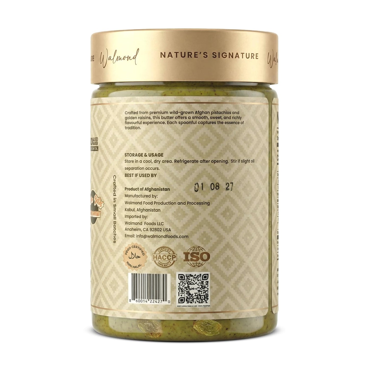 Walmond pistachio raisin butter jar, Halal certified, product label visible