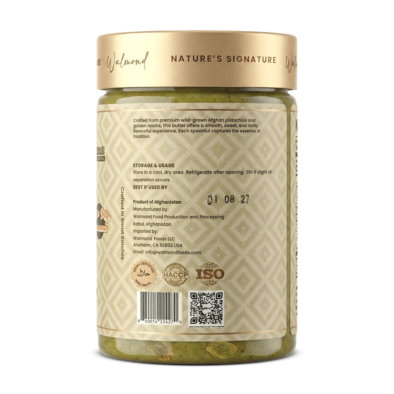Walmond pistachio raisin butter jar, Halal certified, product label visible