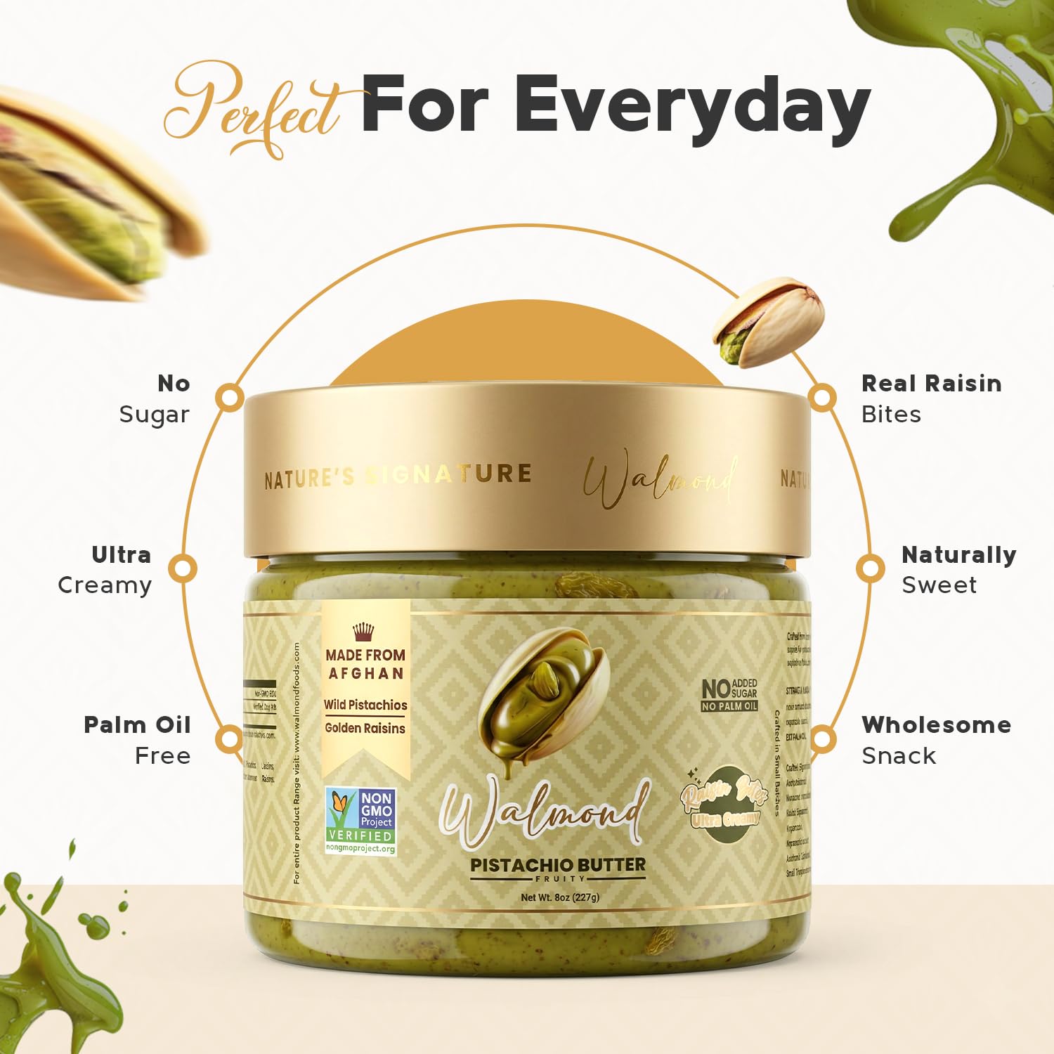Walmond pistachio butter jar with raisins, ingredient highlights displayed