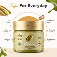 Walmond pistachio butter jar with raisins, ingredient highlights displayed