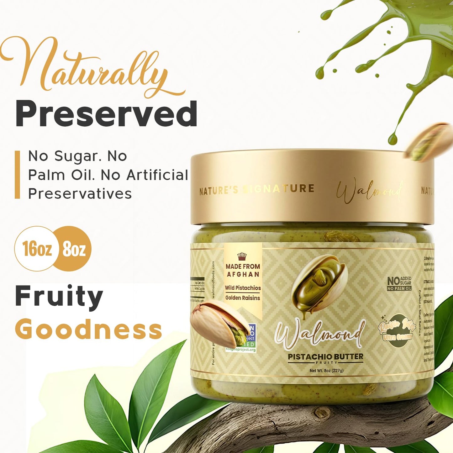 Walmond Walnut Pistachio Butter jar with golden raisins, no sugar added