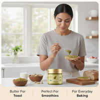Walmond pistachio butter on toast, woman spreading in bright kitchen