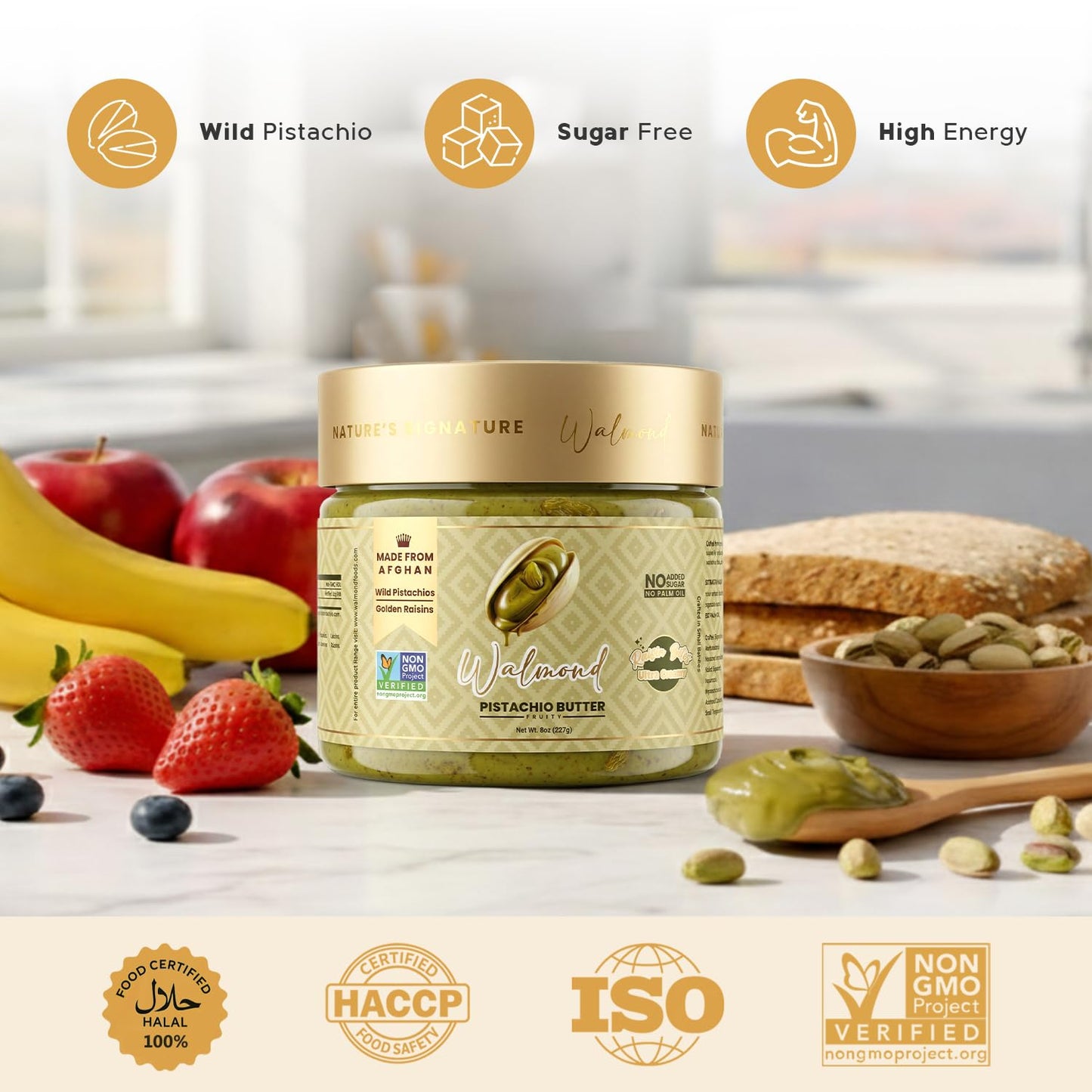 Walmond pistachio butter jar surrounded by fresh fruits and nuts