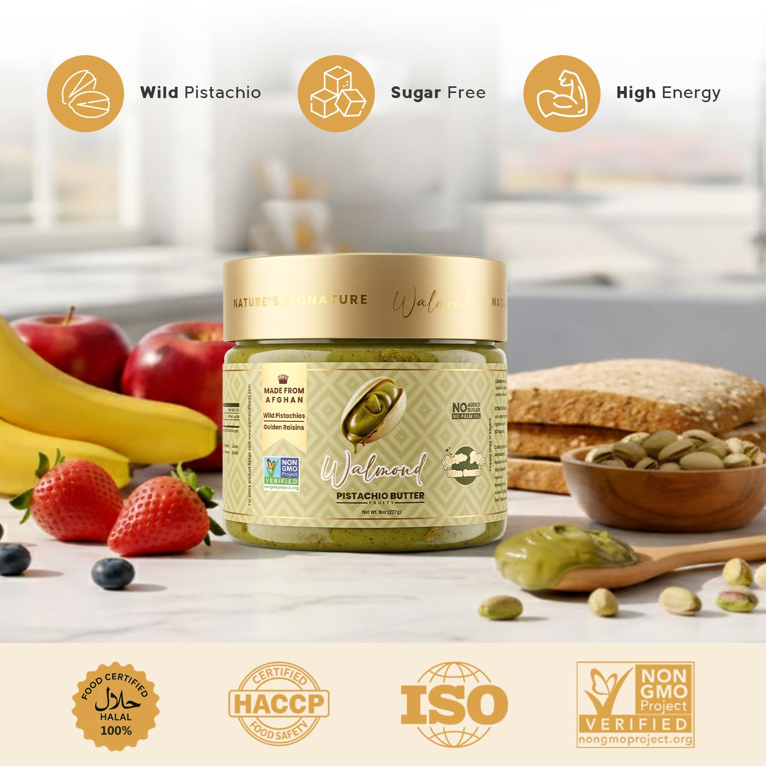 Walmond pistachio butter jar surrounded by fresh fruits and nuts