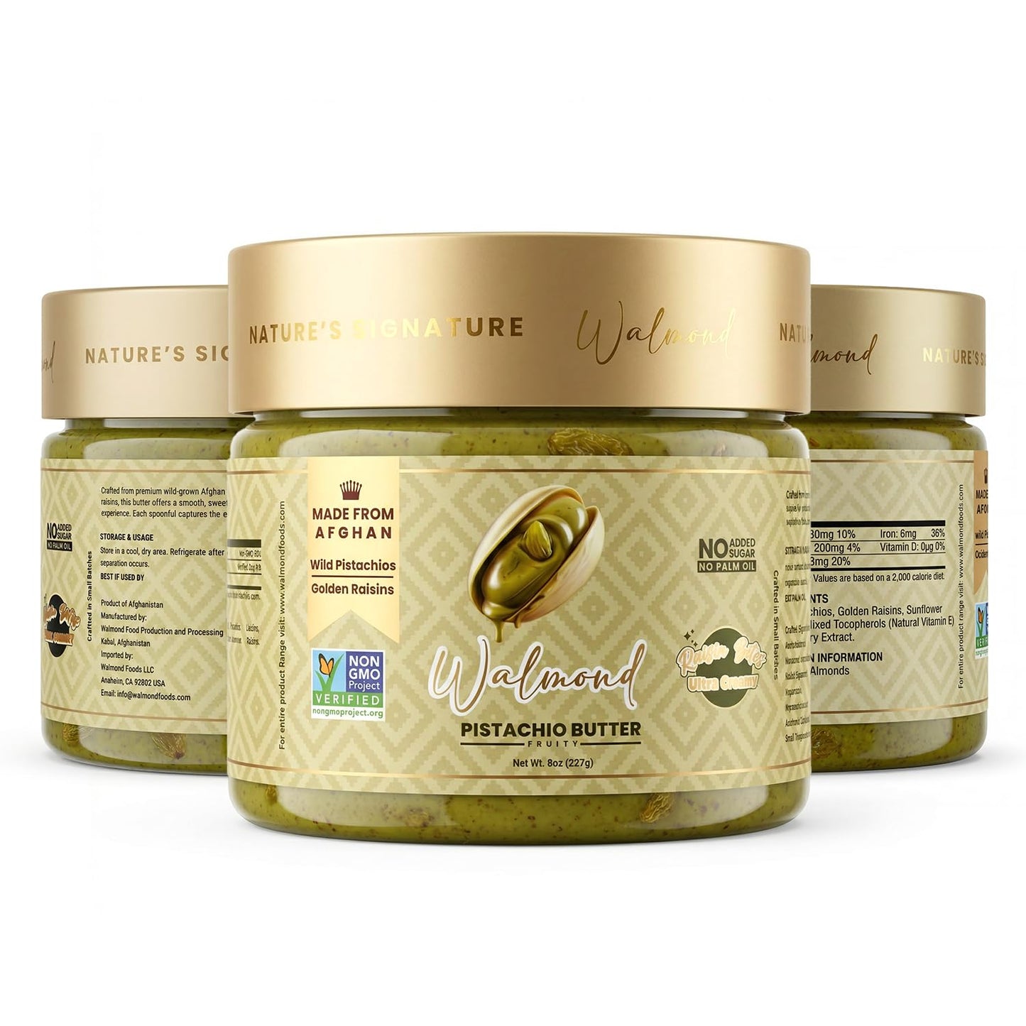 Walmond pistachio butter jar with golden lid, no added sugar label visible
