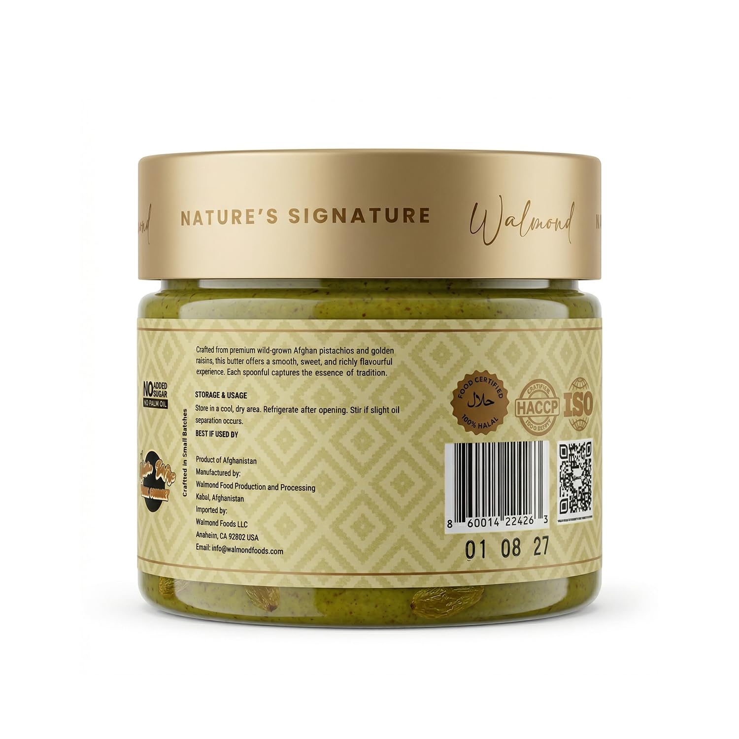 Walmond Afghan pistachio raisin butter jar, Halal certified label visible