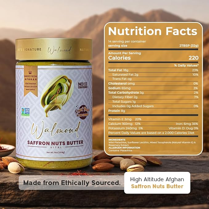Walmond Saffron Nuts Butter jar with nutrition facts